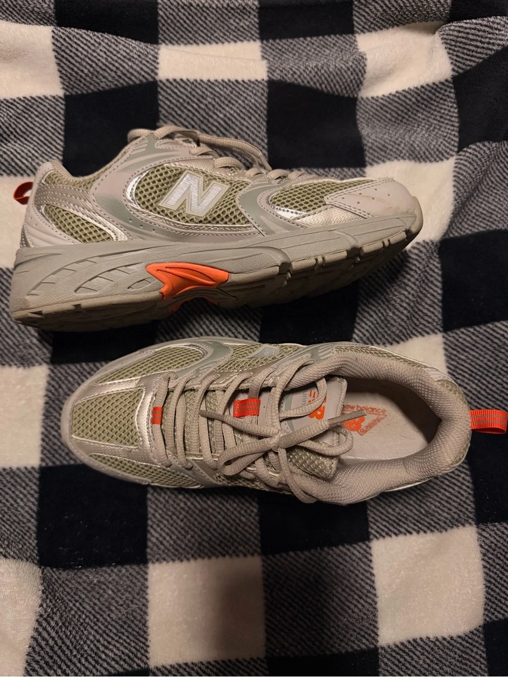 New Balance Kids' Gray and Olive Sneakers with Orange Accent WOMENS 8
